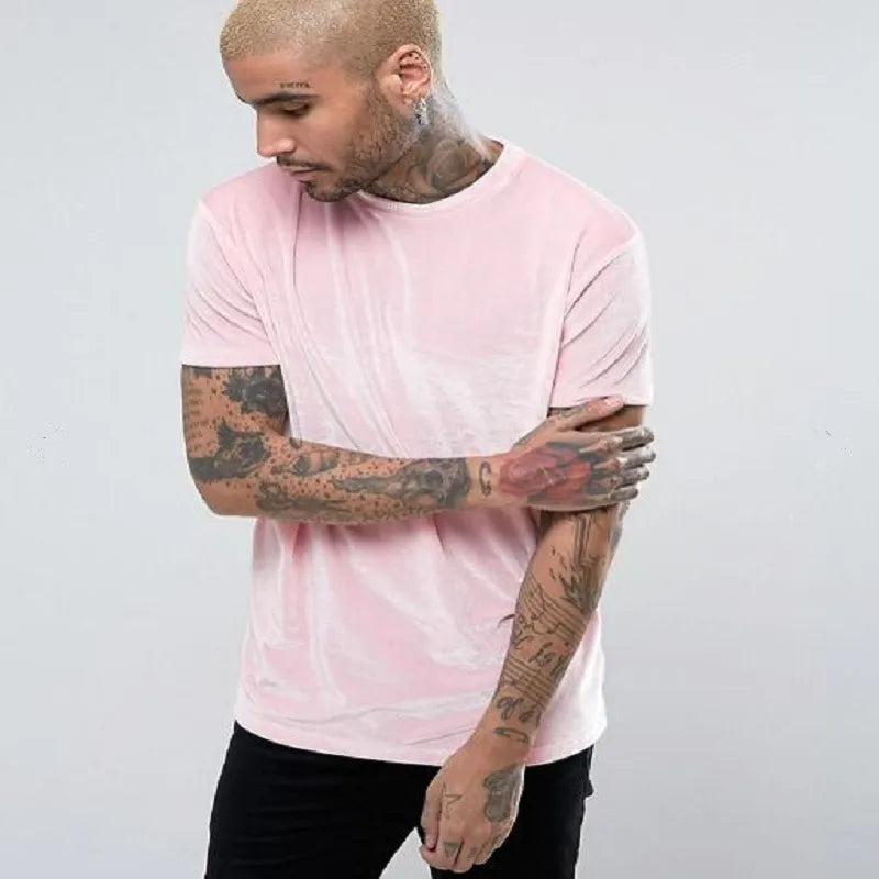 Pink Velvet Flannel T-shirt Short Sleeve Casual Streetwear