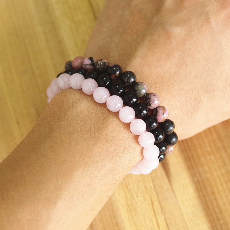 Natural Stone Bracelet Sets Men Women Rhodonite Rose Quartzs Black Onyx Beaded Stackable Wrist Mala Charm Bracelets