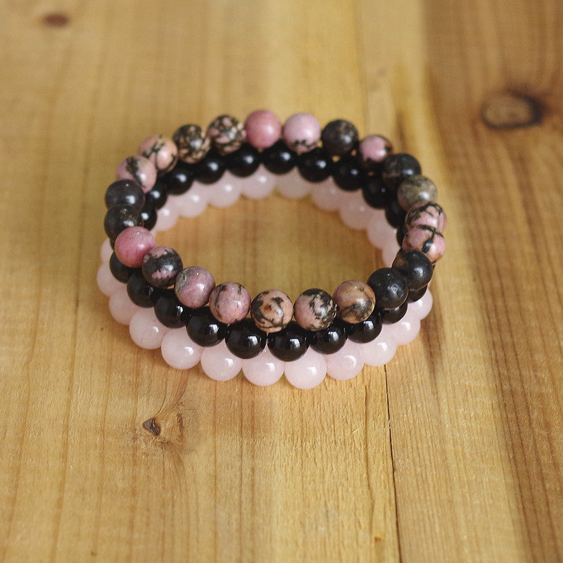 Natural Stone Bracelet Sets Men Women Rhodonite Rose Quartzs Black Onyx Beaded Stackable Wrist Mala Charm Bracelets